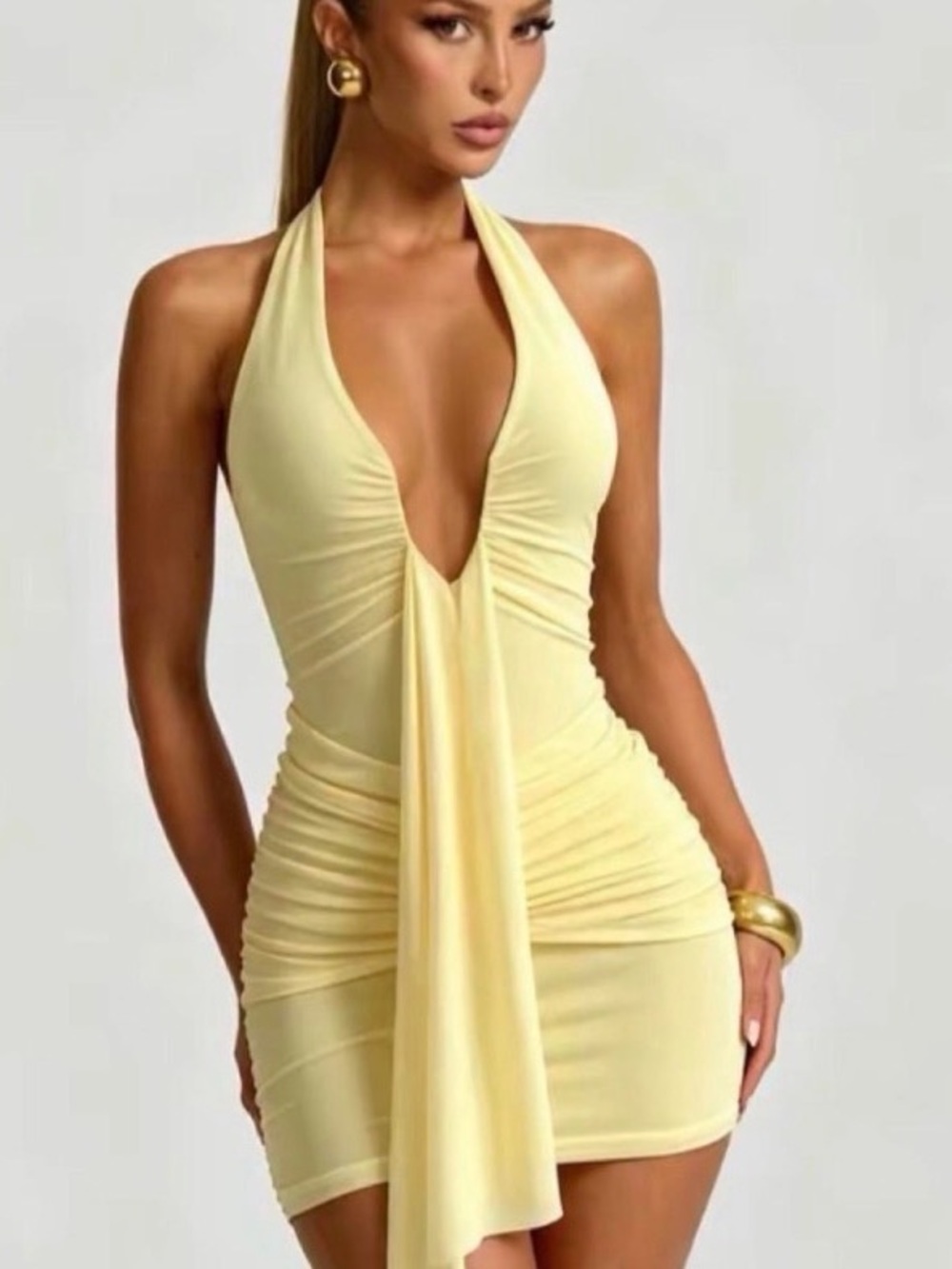 Halter Plunge Yellow Bodycon Dress